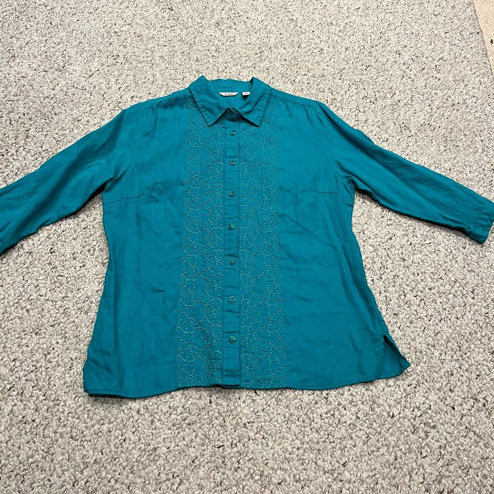 LL Bean Embroidered Button Down Linen Shirt M Turquoise Preppy Coastal Casual
